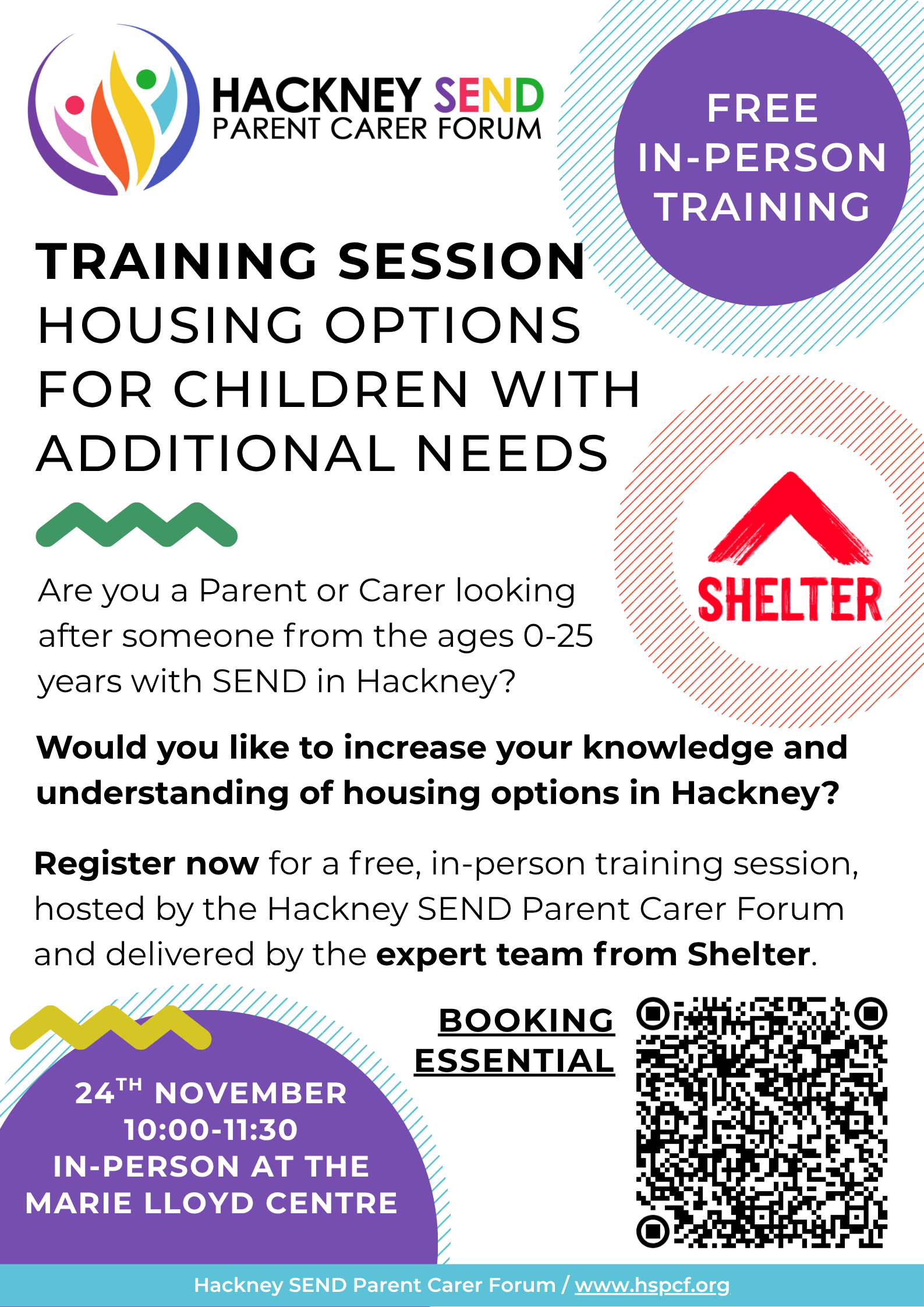 A poster detailing a housing training session for SEND families on 24/11/25 hosted by the HSPCF.